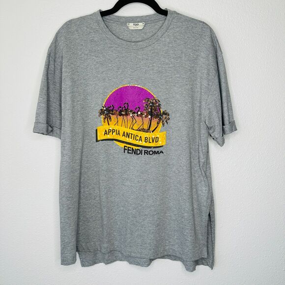 Fendi Gray Short Sleeve Appia Antica Blvd Fendi Roma logo Tee Bead Sequin Top L - Picture 1 of 16
